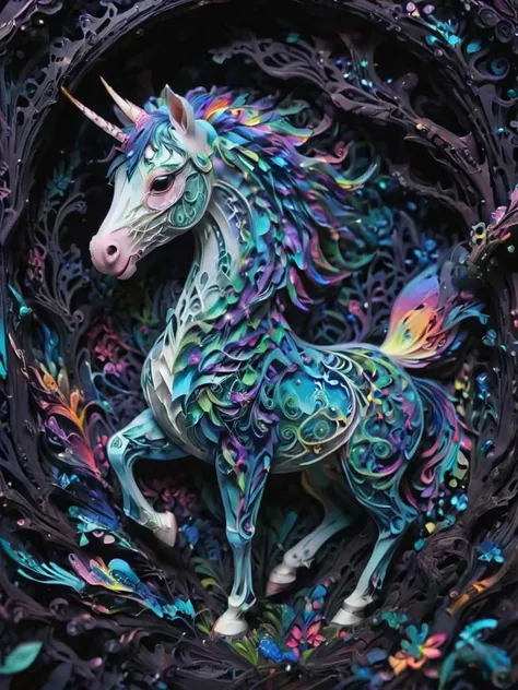 unicorn with pure innocence made of kirigami, intricate details, symbols, abstract, realism, sharp focus, masterpiece, sharp details, sfw, <lora:IOS_Iridescent_opal_style:0.8> <lora:KirigamiXL:0.8> , paper cut