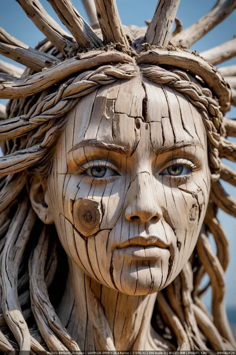 + (photo:1.3) a close-up of a sculpture from the face of a woman made of drifting wood, drifting wood sculpture, wood sculpture, wood art, wood sculpture, portrait sculpture of Greek god, very detailed 3 d art, 3 d goddess portrait, beauty woman with detai...