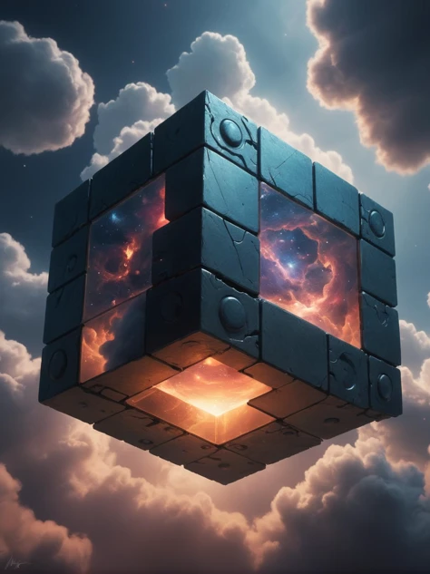 Bosch-style,a translucent cube traps eerie clouds,the starsscape warps,time distorts,surrealism reigns,stars,Glowing,sparkling, FI-2, 3-D, 3-D render, octane render, ray-tracing, unreal engine, octane render, redshift render, 8k, by Edgar Maxence and Ross ...