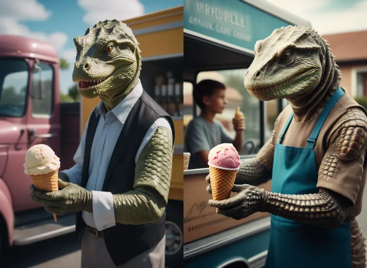 a beautiful high definition crisp portrait of old (reptile:1.2) skin selling icecream from a truck in a suburban area, taken with a professional grade camera with exquisite color grading