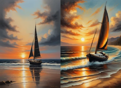 Impressionist oil painting on an old canvas, sunset on the beach , yatch on the sea, energetic strokes, black and bronze palette, fine and detailed strokes