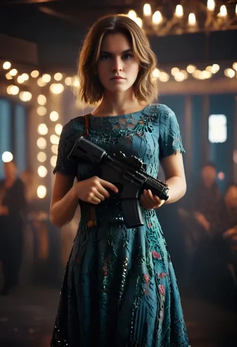 a <lora:RMSDXL_Photo:6> beautiful stellacox with a gun, with Triniti dress from Matrix, rule of thirds photography, full body portrait, wide view, bokeh blur, photography, intricate detail, intricately detailed, hyperrealistic, cinematic, atmospheric, full...