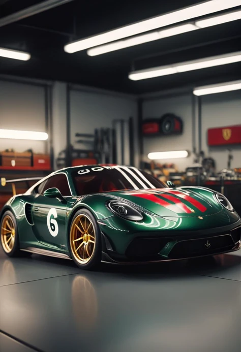 a <lora:RMSDXL_Photo:5> Photography of a {car designed by gucci, real photography, scene in a workshop, inspired by porsche and ferrari, big GUCCI logo}, highly detailed, instagram flickr, sharp focus, canon 5d f16.0 style, natural lighting, ultra-realisti...