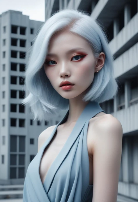 a portrait of haute couture beautiful albino asian fashion model with pale blue hair, in front of brutalist building architecture ,breathtaking, award-winning, professional, highly detailed