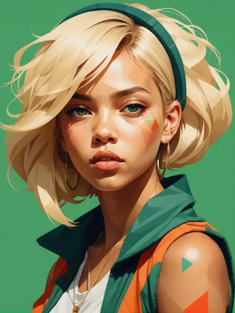 abstract 1998 european blond hiphop girl by sachin teng x supreme, attractive, stylish, designer, green, asymmetrical, geometric shapes, graffiti, street art,