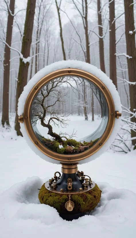 Graceful ("Through the looking glass of imagination, worlds collide, merging reality and dreams into a tapestry of wonder.":1.3) , vegetation, Snowy, Simple and clean, Tranquil, Steampunk Art, Depth of field 100mm, Cathode tube, attractive, <lora:RMSDXL_Cr...