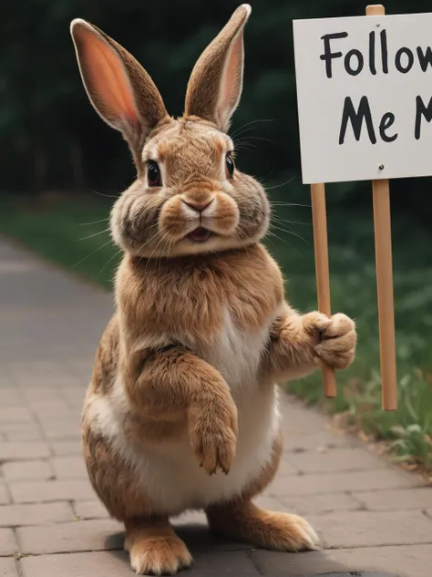 A charming image of a rabbit, friendly in demeanor, holding a sign that reads "FOLLOW ME", masterpiece, ultra-quality, hyperrealistic, RAW photo, highly detailed, 4k, medium shot, cinematic photography, natural texture, action shot, XF IQ4, 150MP, 50mm, IS...