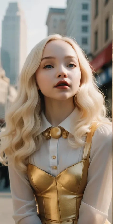 a realistic photo of (Dove Cameron:1.25),(mime:1.2),(in a city made of gold:1.1), photoshoot by Berta Vicente Salas,photoshoot by Jovana Rikalo. Film Grain,film photoshoot,hazy background,film photo,film grain,vintage photo with (film grain:1.4),dreamy fog...