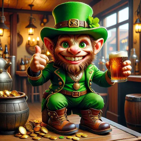 anthromuscular cradimerdo incredible quality, ultra detailed, super realistic, 
leprechaun in costume, green clothes, green hat, drinking beer, a cauldron of gold coins next to him in a pub,
cheerful, smile, open mouth, (thumbs up:1.3), chibi style, cute, ...