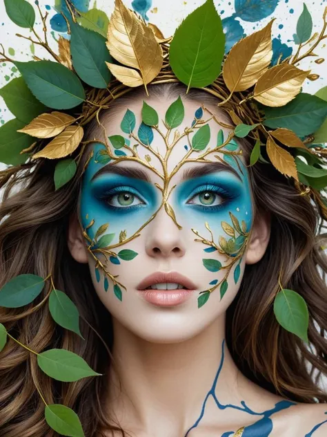 Intricate portrait of a woman with leaves and branches growing out of her head. The womans face is painted in blue and green tones, with golden eyes and a slightly open mouth. Her hair is long and dark, and she is wearing a crown of leaves and branches. Th...