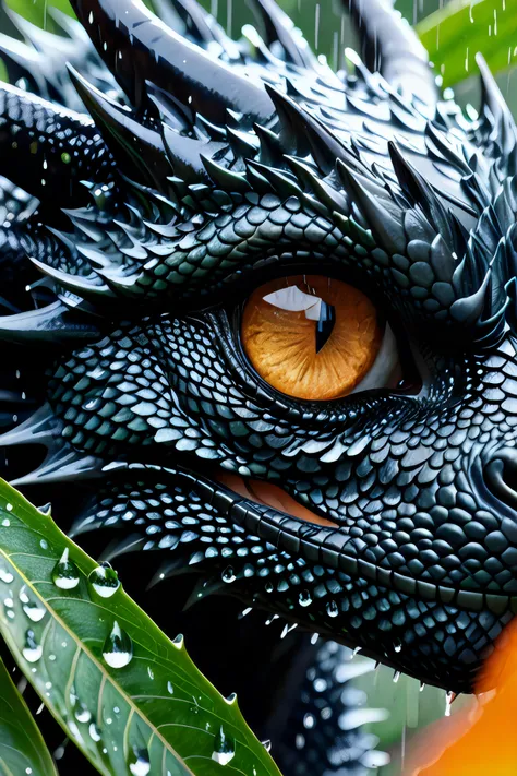 RAW, ((((masterpiece)), photorealistic)), professionally detailed, ultra-high detail, sharp, insanely detailed, hyperrealism, 

orangeblack,


close-up,eyes_focus,eye close-up,dragon,hiding in the leaves,black dragon,shiny scales,((rain)),zazie rainyday, (...