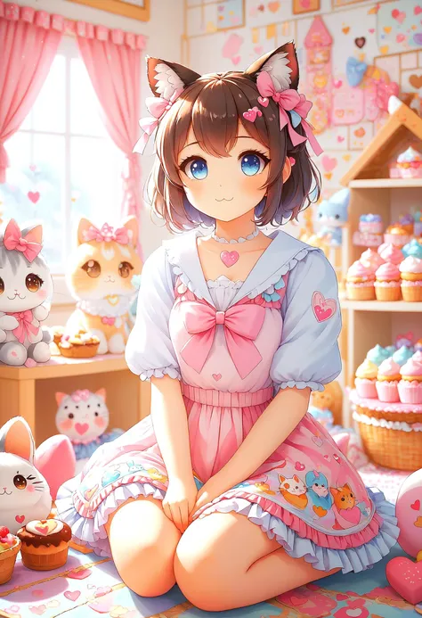 woman in Nekopara-inspired anime style, in Nekopara-themed outfit, sitting in a cat-filled room with heart-shaped cat ears on head, surrounded by desserts,  with Nekopara traits, such as cat ears and tail, soft pastel colors, kawaii aesthetic, trendsetting...