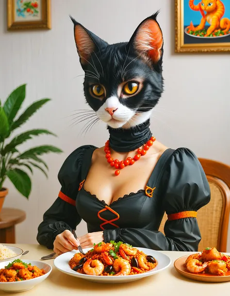 25 year old anthropomorphic cat-woman looking at a plate of hot jambalaya with shrimps, promotional photo, exquisite lovely, advertising food photoshoot, neko kawaii aesthetic, overall style visually appealing, balanced composition, <lora:sd_xl_dpo_lora_v1...