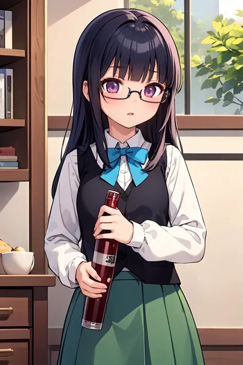 (masterpiece, best quality), 1girl,    <lora:sumika-oohashi_futabu:1> jelosumikaoohashi, glasses, blue bow, sleeveless vest, shirt,long sleeves, green skirt