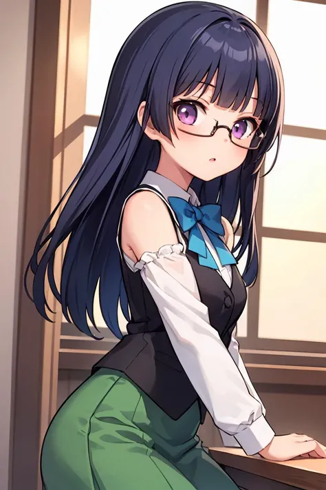 (masterpiece, best quality), 1girl,    <lora:sumika-oohashi_futabu:1> jelosumikaoohashi, glasses, blue bow, sleeveless vest, shirt,long sleeves, green skirt