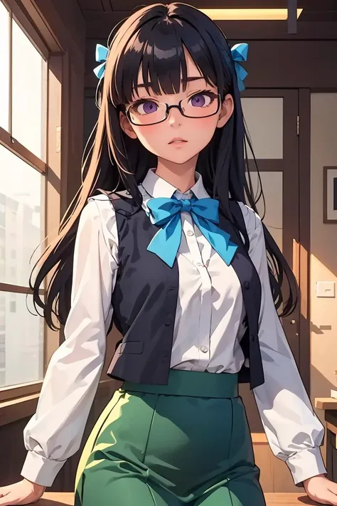 (masterpiece, best quality), 1girl,    <lora:sumika-oohashi_futabu:1> jelosumikaoohashi, glasses, blue bow, sleeveless vest, shirt,long sleeves, green skirt