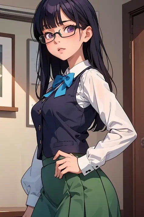 (masterpiece, best quality), 1girl,    <lora:sumika-oohashi_futabu:1> jelosumikaoohashi, glasses, blue bow, sleeveless vest, shirt,long sleeves, green skirt