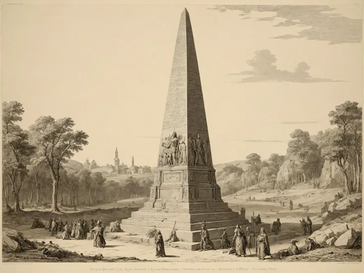 a drawing of a monument with a large obel in the middle of it