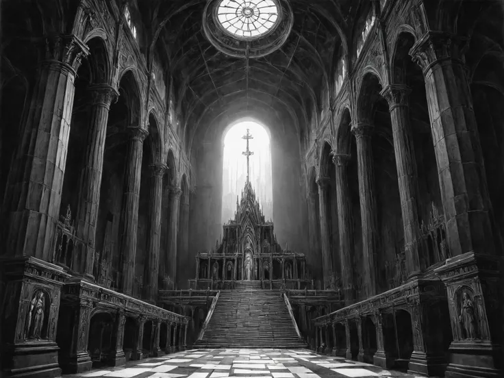 masterpiece, highly detailed drawing, a blasphemous ritual is taking place in an intricate temple before the ruined statue of a dark god, light shining through full colored stained glass window above the altar, ominous signs and iconography, complex geomet...