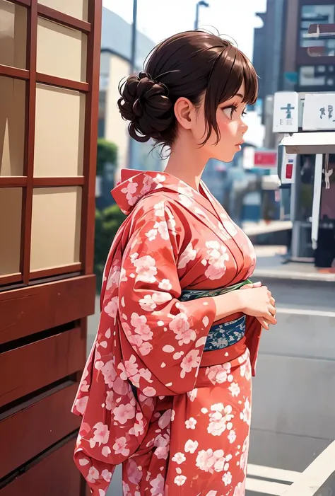 (masterpiece, best quality), 1girl,   Mahogany Brown Pinned Back Curls, Size B breasts,  <lora:jyoji fuku v7:0.8> jyojifuku,obi,wide sleeves, yukata, dress, floral print