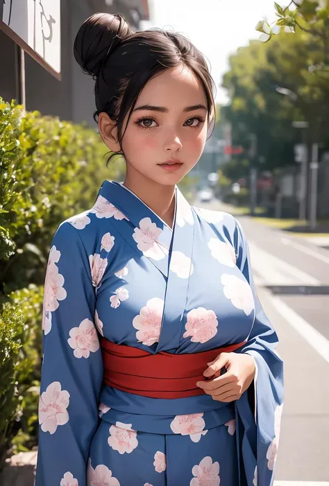 (masterpiece, best quality), 1girl,   Dark red Messy Bun with Face-Framing Strands, Size DD breasts,  <lora:jyoji fuku v7:0.8> jyojifuku,obi,wide sleeves, yukata, dress, floral print