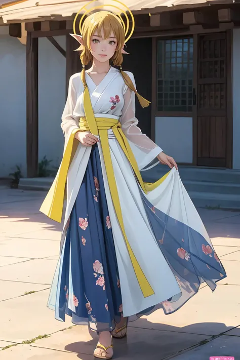 a woman in a blue and white dress is standing on a sidewalk