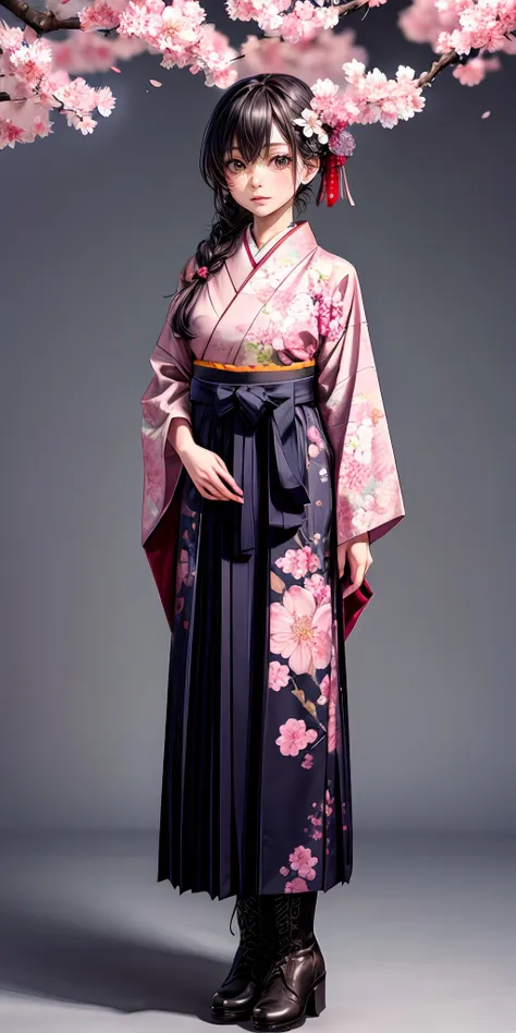 a woman in a kimono is standing under a cherry tree