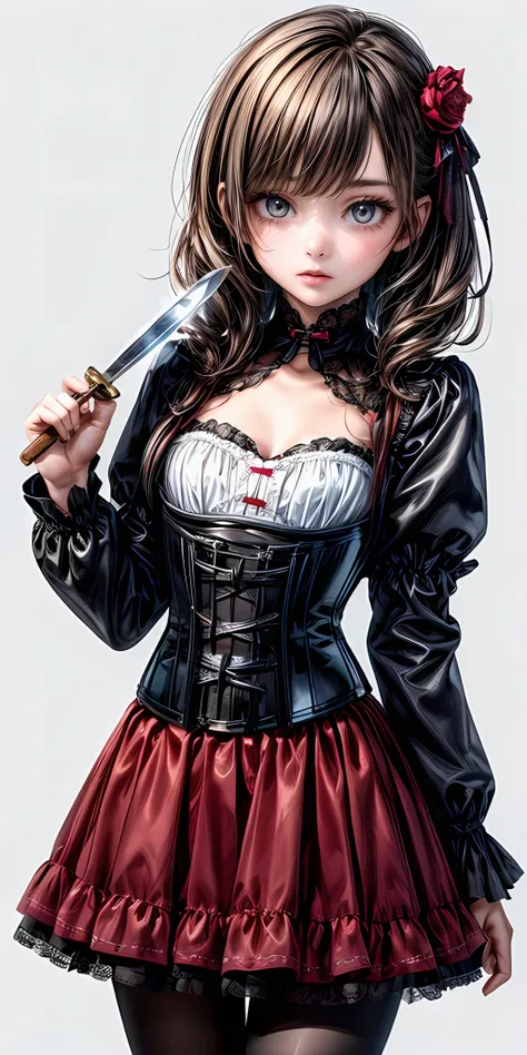 a close up of a woman in a corset dress holding a knife