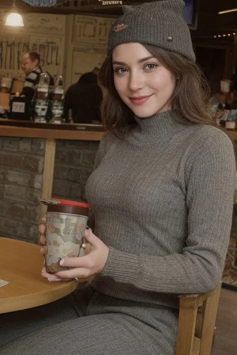 a woman sitting in a restaurant. highly decorated..
wearing winter clothes (sweater, pants, and hat)
brunette, dark long straigh...