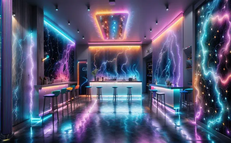 a room with a bar and neon lights in it