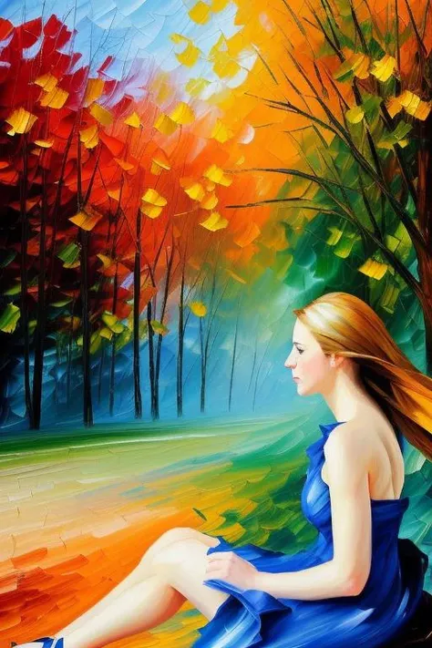 a painting of a woman sitting on a bench in a park