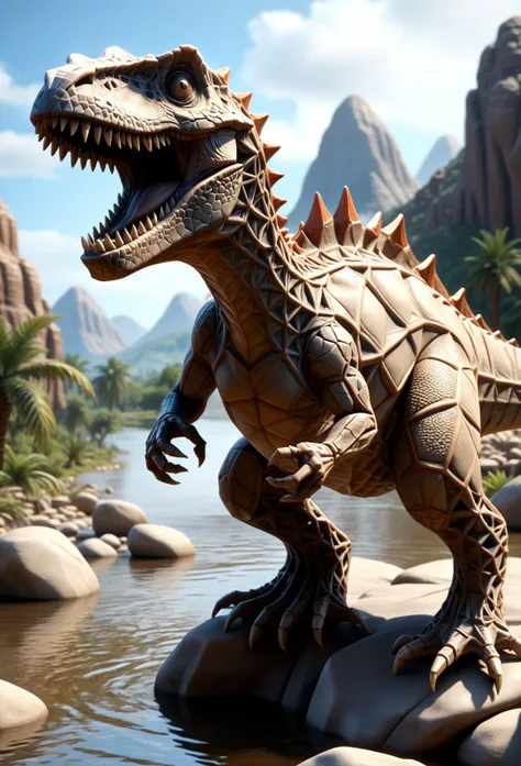 a close up of a toy dinosaur standing on a rock near a river