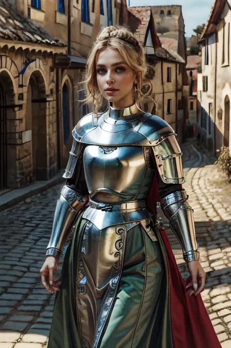 a woman in a metallic outfit is walking down a cobblestone street