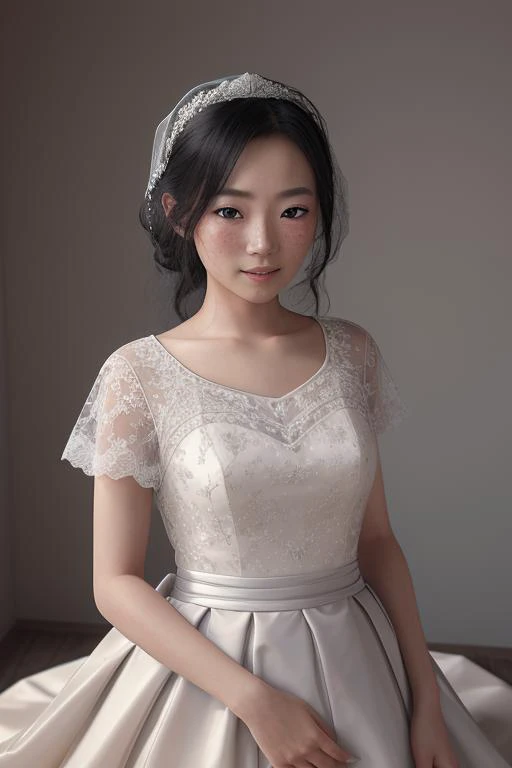 photorealistic, Best quality, masterpiece, ultra high res, 1 girl, asian, 18 year old japanese girl, (bride), bridal style clothing, freckles, [light body freckles], cute, black medium hair, grey background, good hands, pubic hair,<lora:ClothingAdjuster3:-...