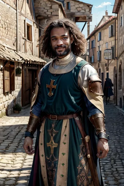 arafed man in medieval clothing standing in a cobblestone street