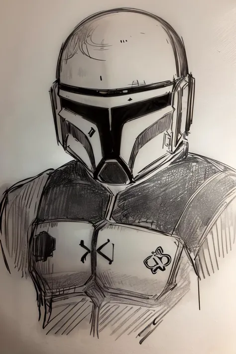 <lora:Pencil_Sketch_Dim64_SD-05:1>, (Pencil_Sketch:1.2, messy lines, greyscale, traditional media, sketch), unfinished, hatching (texture),
solo, 1boy, upper body, male focus, armor, helmet, Mandalorian, portrait,