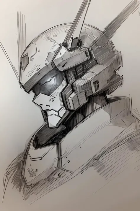 <lora:Pencil_Sketch_Dim64_SD-05:0.8>, (Pencil_Sketch:1.2, messy lines, greyscale, traditional media, sketch), unfinished, hatching (texture), solo, looking at viewer, simple background, 1mecha