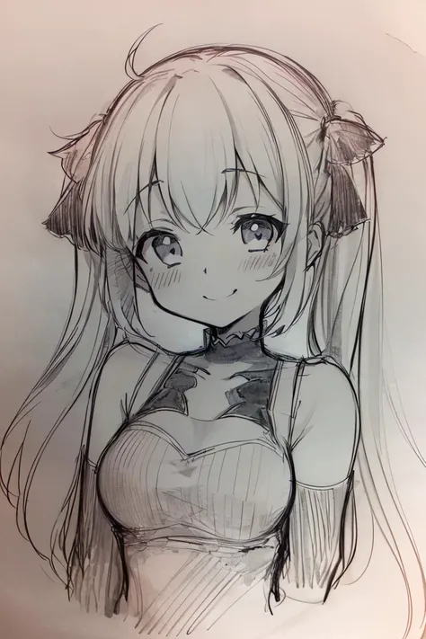 <lora:Pencil_Sketch_Dim64_SD-05:1>,(Pencil_Sketch:1.2, messy lines, greyscale, traditional media, sketch),
1girl, solo, smile, dress, twintails, sleeveless,  short twintails, breasts,