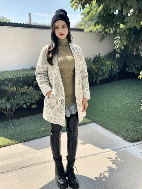 a woman wearing black boots and a white coat standing on a sidewalk