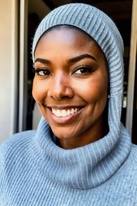 gbr piercing eyes, looking straight, very happy, wearing an off-shoulder sweater, closeup portrait, in a outdoor cafe in the future, morning light<lyco:GabrielleU-RealVision-V1.0:1.0>