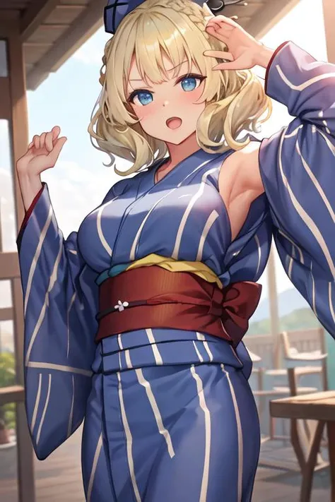 best quality, masterpiece, highres, solo, {yukata:1.40}, {kimono:1.20}, {colorado_kantaicollection:1.15}, blonde_hair, short_hair, braid, blue_eyes, side_braids, breasts, large_breasts, hat, headgear, garrison_cap, grey_headwear, necktie, blue_necktie, sle...