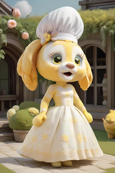 cartoon character dressed in a white dress and a chef hat