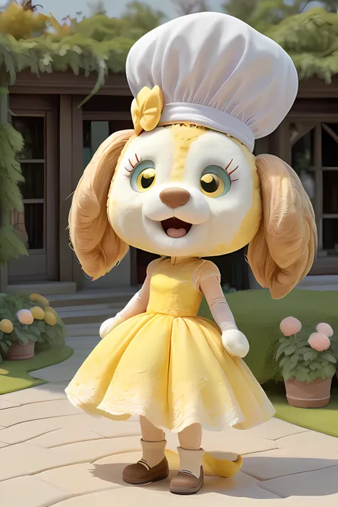 cartoon character dressed in yellow dress and chef hat standing in front of a house