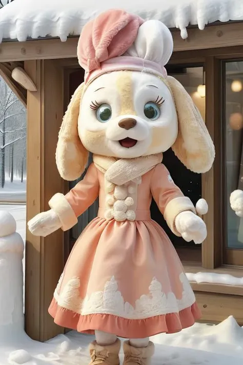 a close up of a stuffed animal in a dress and hat