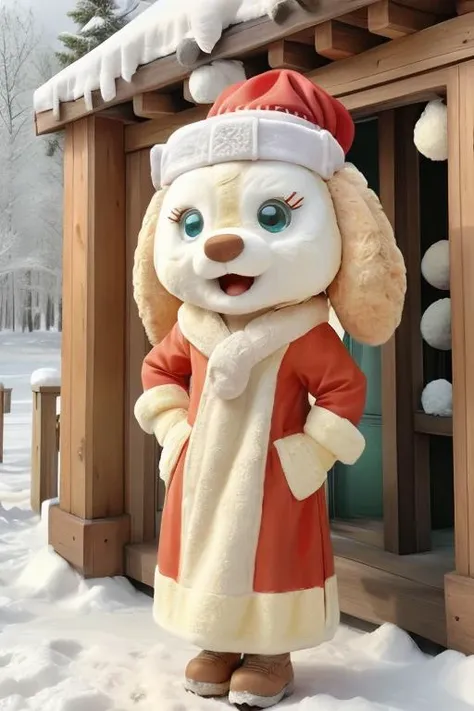 a close up of a person in a costume standing in the snow