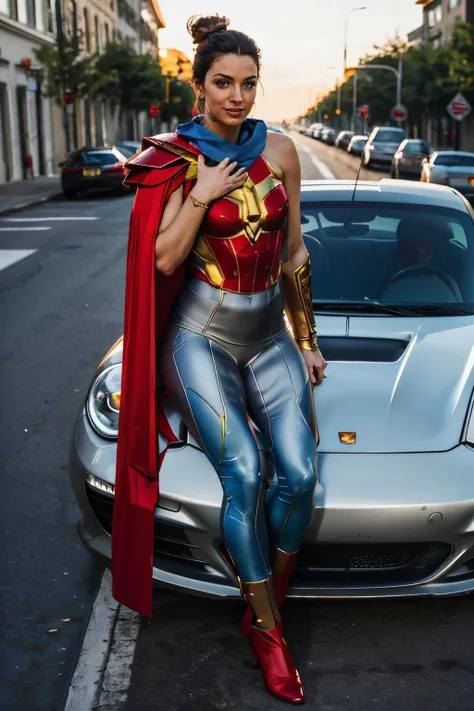 diana, short black hair, hair bun, blue eyes, circlet, red chestplate, bodysuit, armor, armbands, single shoulder pad, blue cape, blue pants, looking at viewer, serious, smirk, sitting, legs crossed, on sports car, headlights, outside, street, cityscape, o...