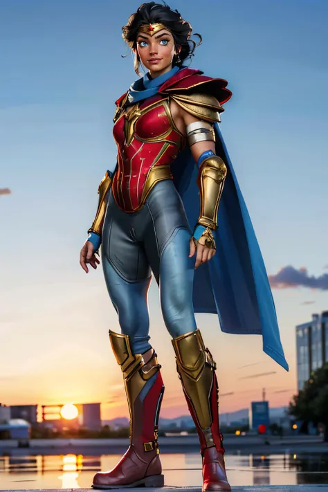 diana, short black hair, hair bun, blue eyes red chestplate, bodysuit, armor, armbands, blue pants, single shoulder pad, red boots, blue cape, blue pants, looking at viewer, smiling, standing, outside, city, street, sunset, dusk, high quality, masterpiece,...