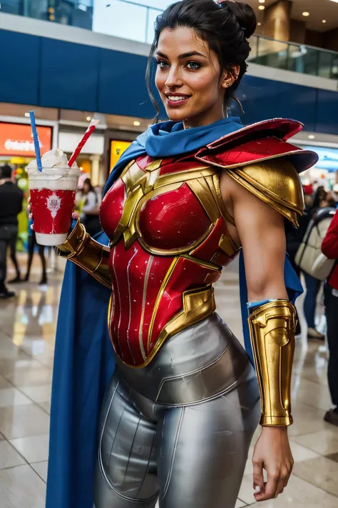 diana, short black hair, hair bun, blue eyes, circlet, red chestplate, bodysuit, armor, armbands, single shoulder pad, blue cape, blue pants, looking at viewer, smiling, standing, medium shot, inside mall, food court, holding milkshake, crowd, warm ambianc...