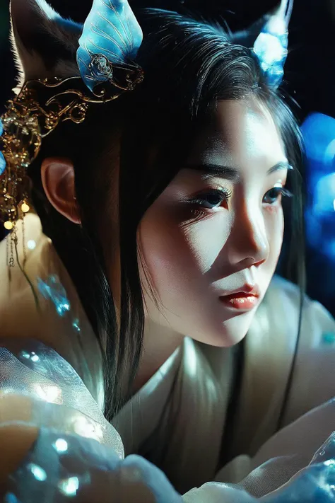 cinematic photo cinematic photo oriental fantasy,chinese humanoid monster, 1girl, Cinematic movie still, capturing the ethereal beauty of a delicate cat spirit, alluring charm, shape-shifting abilities. Professional photo, enchanting lighting . 35mm photog...