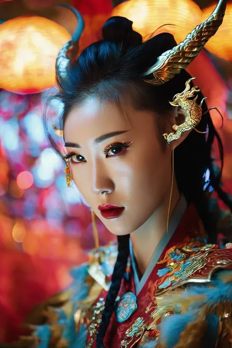 cinematic photo cinematic photo oriental fantasy,chinese humanoid monster, 1girl, Cinematic movie still, capturing the ethereal beauty of a delicate qilin spirit, alluring charm, shape-shifting abilities. Professional photo, enchanting lighting . 35mm phot...